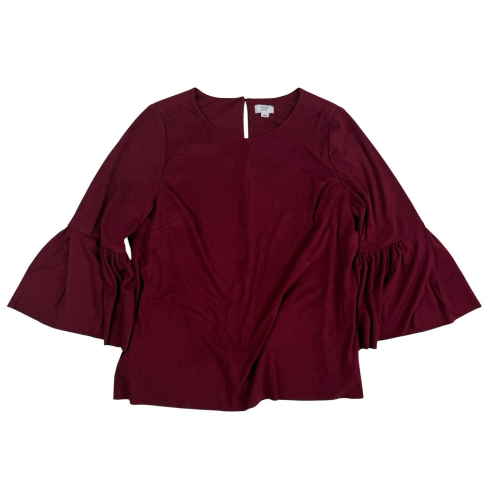Crown & Ivy Maroon 3/4 Flare Sleeve Blouse Faux Suede/Microfiber Feel Sz XL